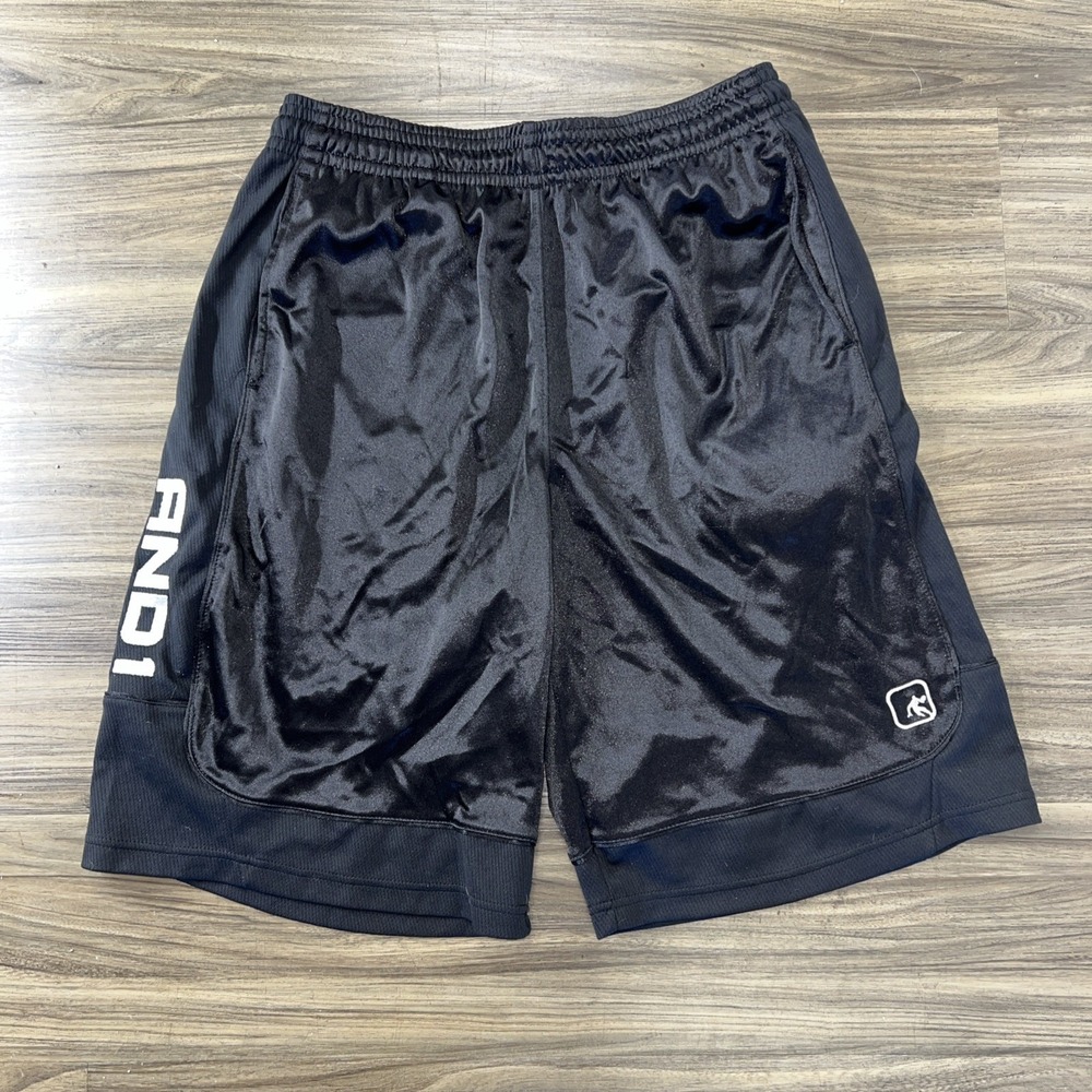 AND1 Beautiful Baggy Black Dazzle Hoop Shorts Mens L Vtg y2k 90s Rare